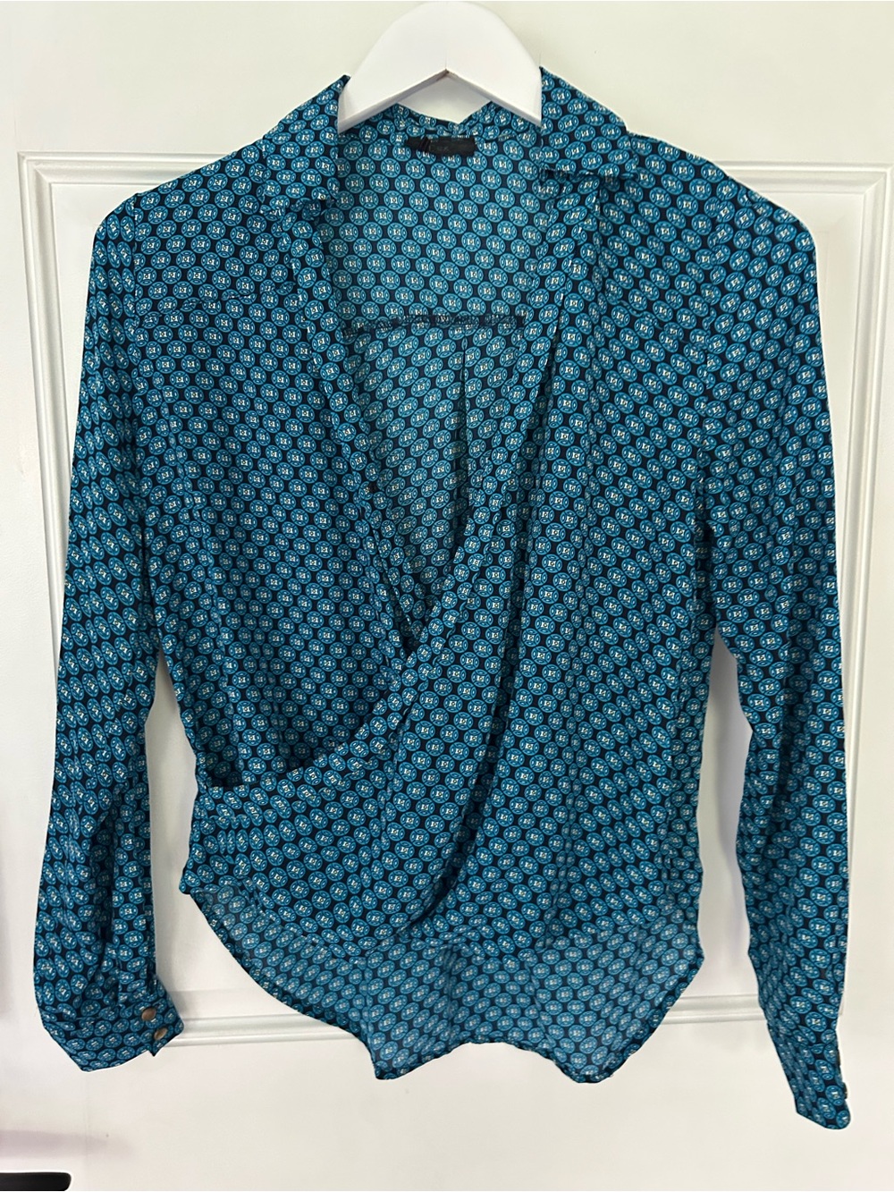 Dex Teal and Navy Geometric Surplice Blouse